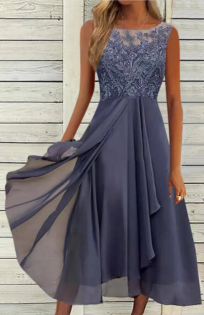 Women's sleeveless mid-length dress with lace hollow-out stitching in blue, green, or purple polyester fabric