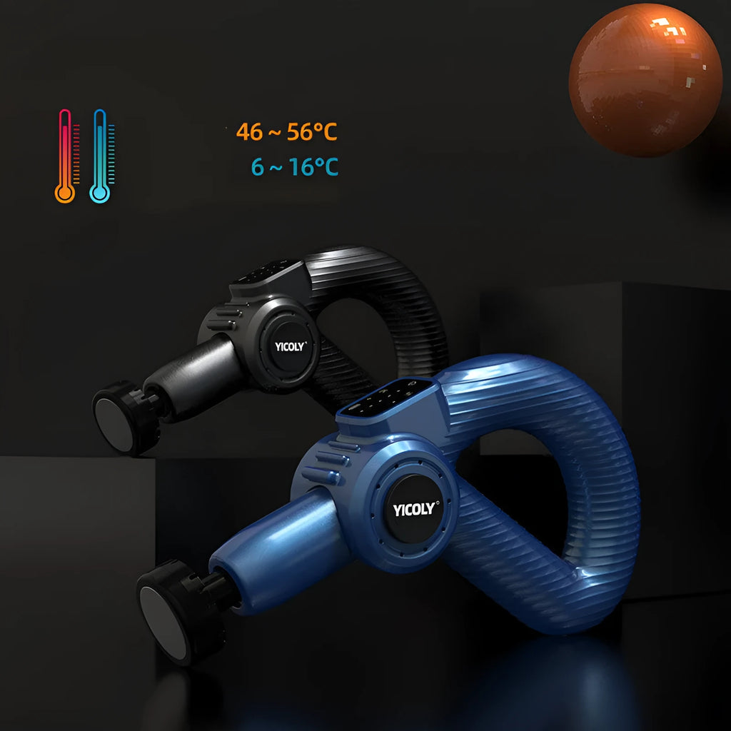 Black smart muscle massage gun with five attached massage heads on a table.