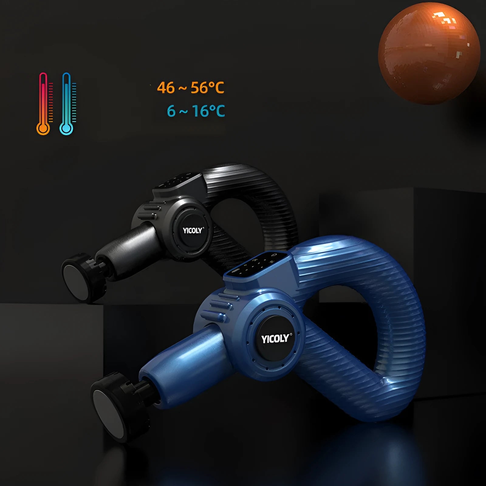 Black smart muscle massage gun with five attached massage heads on a table.