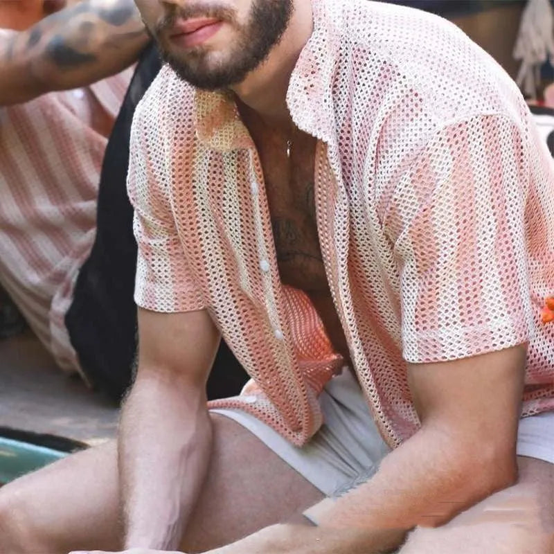 Men's pink loose fit summer shirt with waffle texture fabric and short sleeves