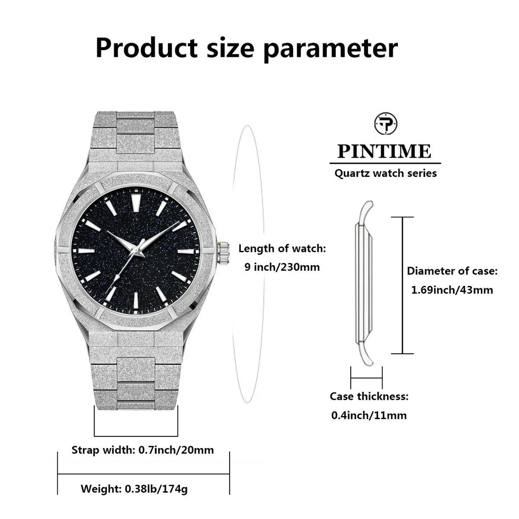 Men's silver frosted stainless steel business watch with luminous dial on a black background.
