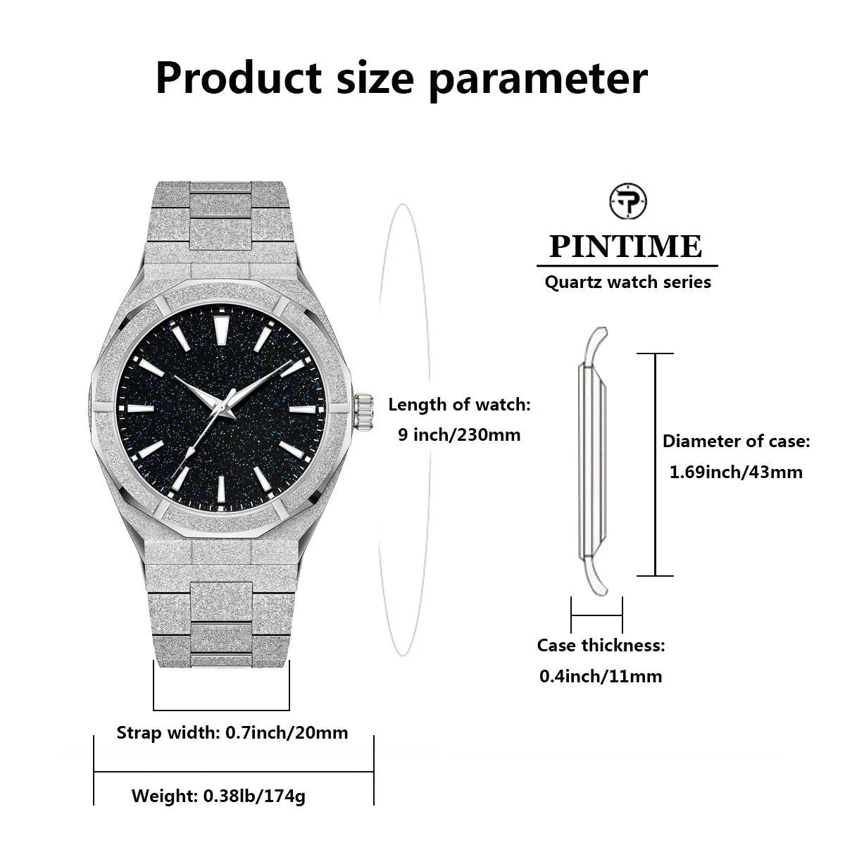 Men's silver frosted stainless steel business watch with luminous dial on a black background.
