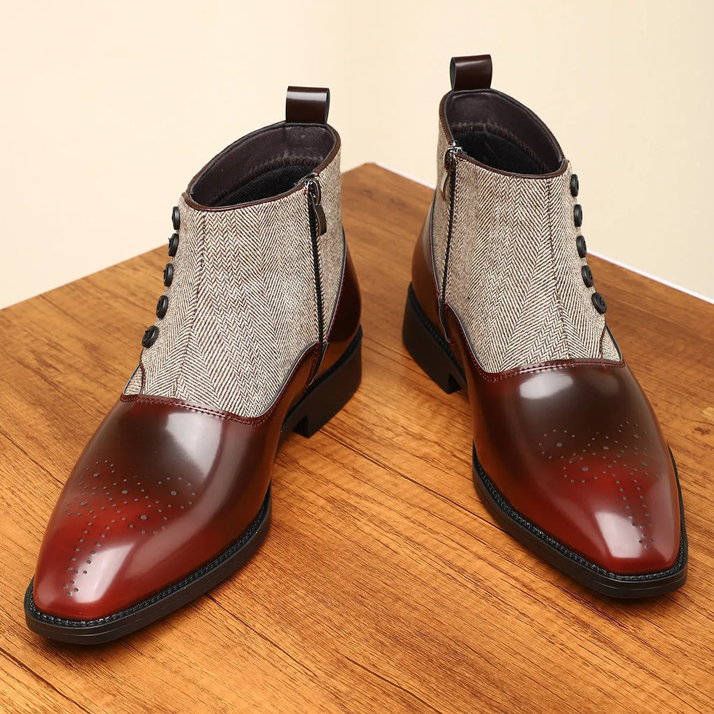 Brown and green men's retro formal shoes with side zipper, square toe, and low heel on a rubber sole.