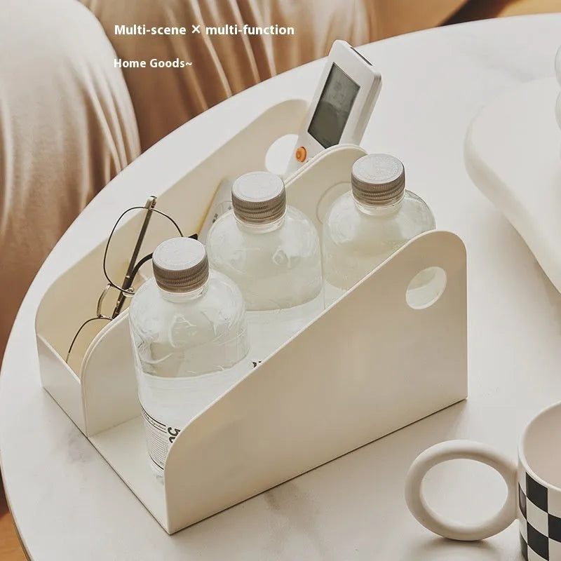 Desktop storage box with two grid compartments in plastic construction showing milk coffee and ivory white colour options