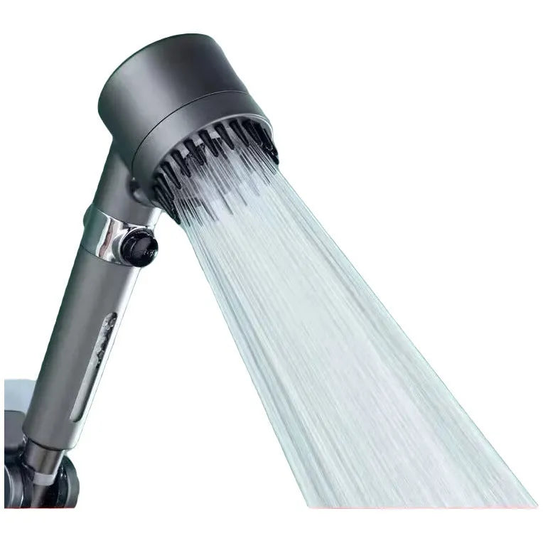 Portable shower head with third gear adjustment dial showing spray, massage, and rain shower functions