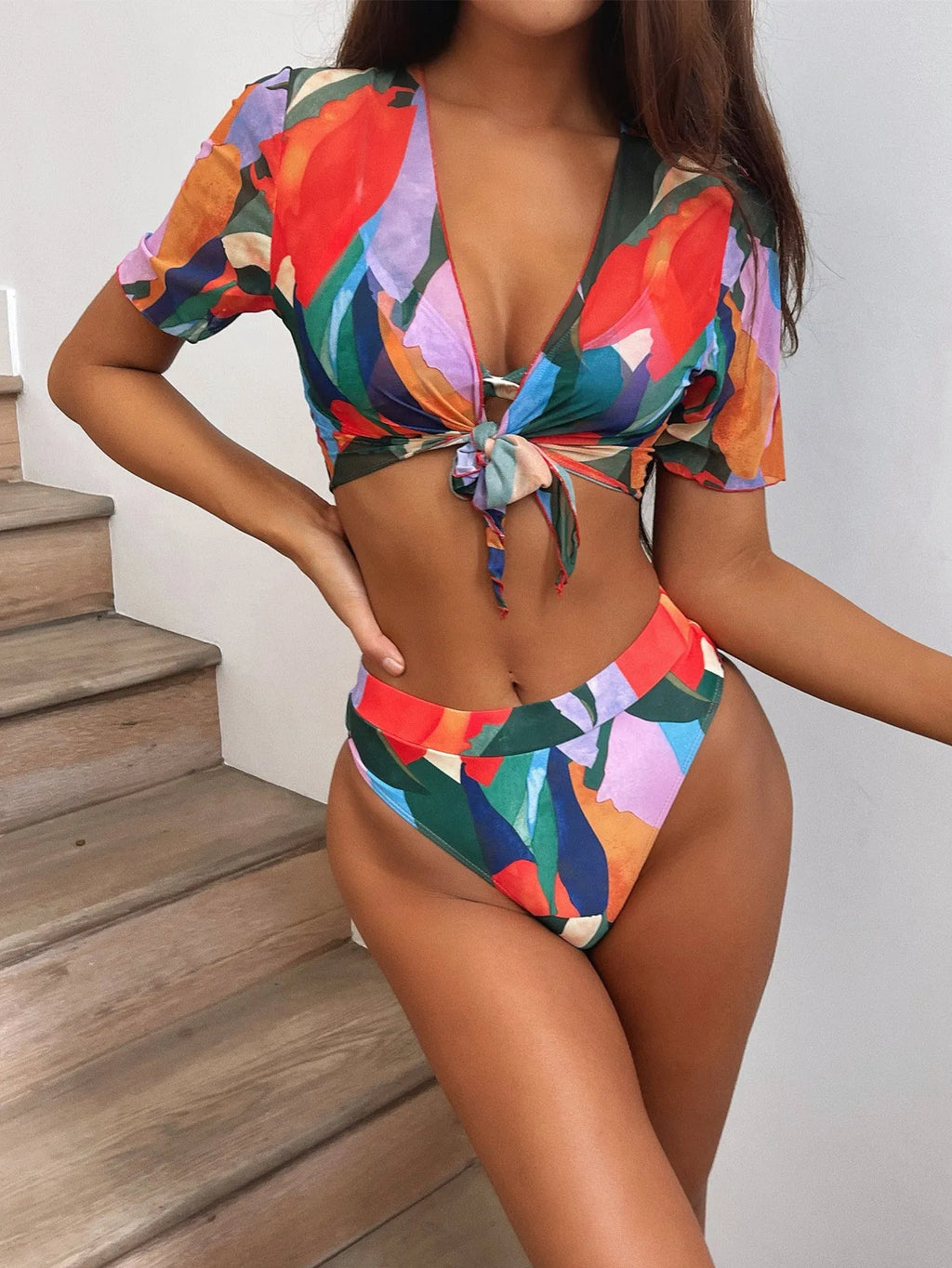 Red women's printed split swimsuit with European-American pattern design for swimming