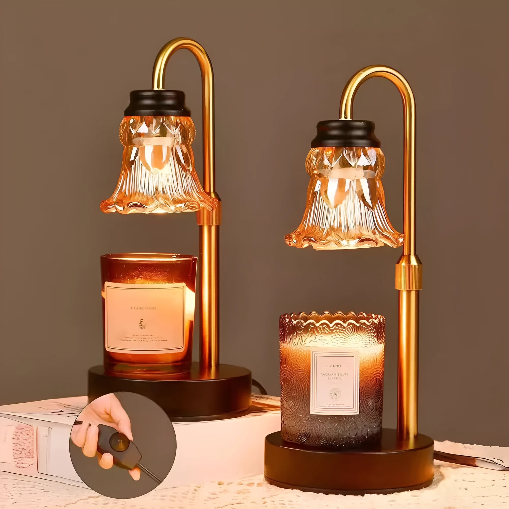 Lifting aromatherapy wax melting lamp with bamboo base on a table