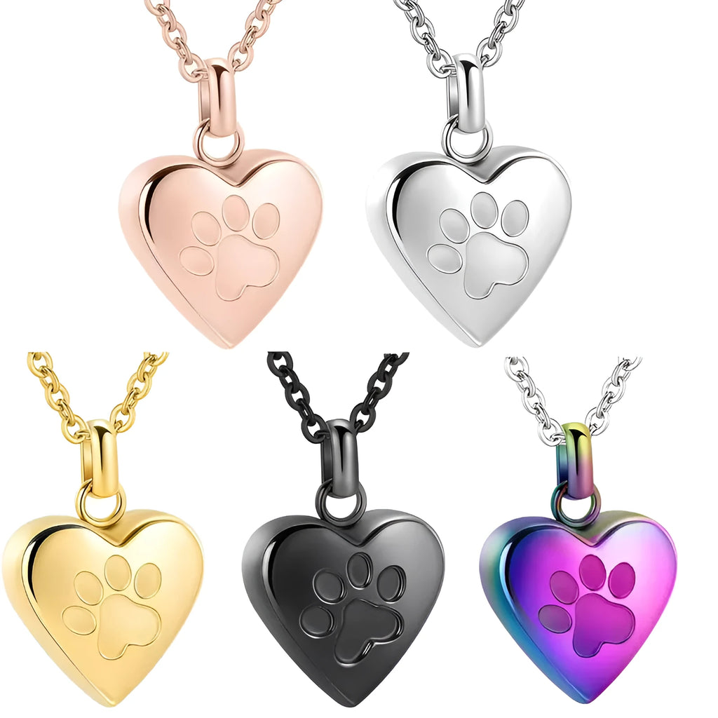 Openable titanium steel heart pendant necklace with engraved paw print for ashes.
