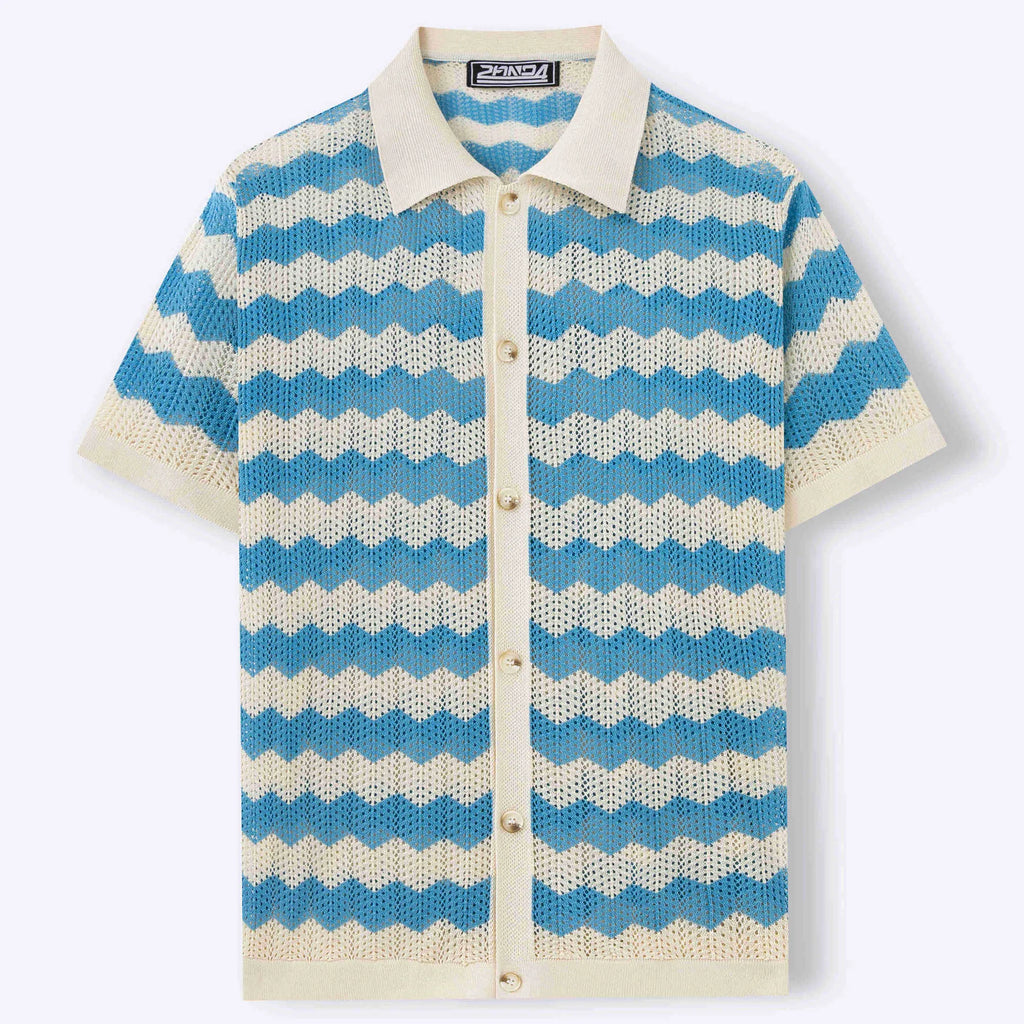 Yellow short sleeve sweater with hollow jacquard corrugated texture and flocking detailing on a hanger.