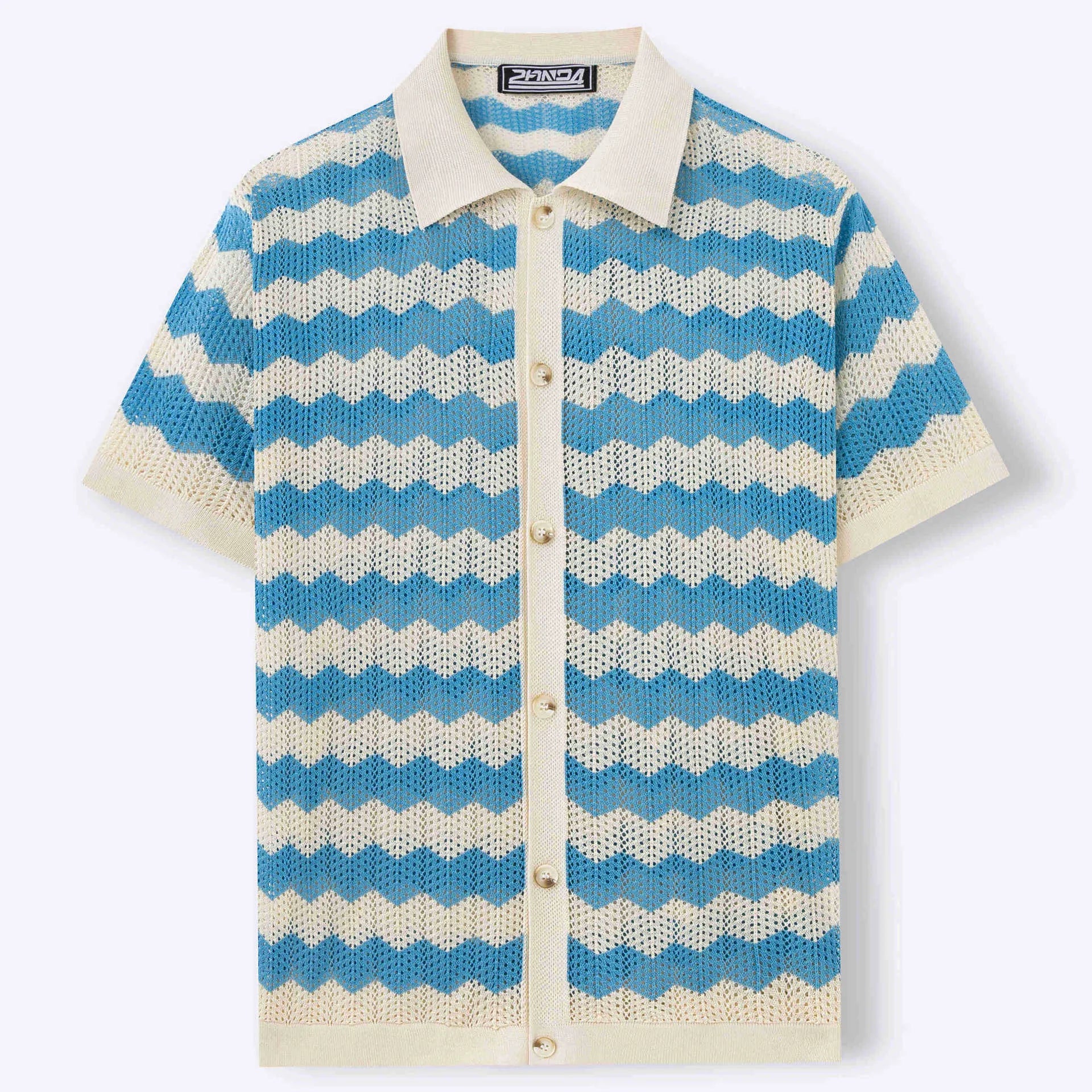 Yellow short sleeve sweater with hollow jacquard corrugated texture and flocking detailing on a hanger.