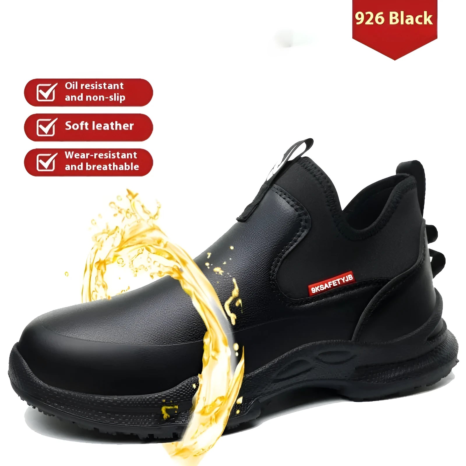 Black high-cut men's chef work shoes with a microfiber leather upper and rubber sole.