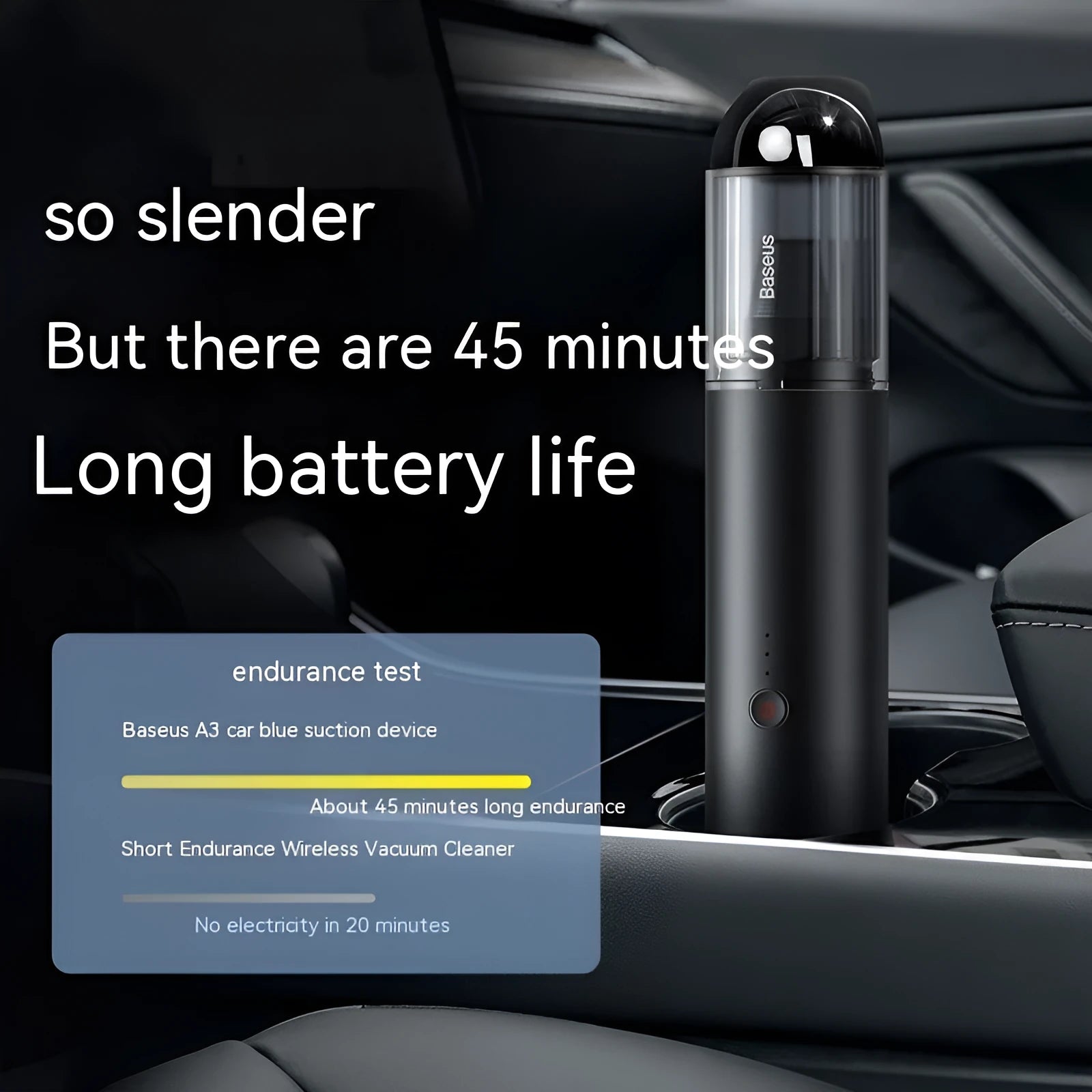 BASEUS A3 black and silver car wireless vacuum cleaner showing compact design