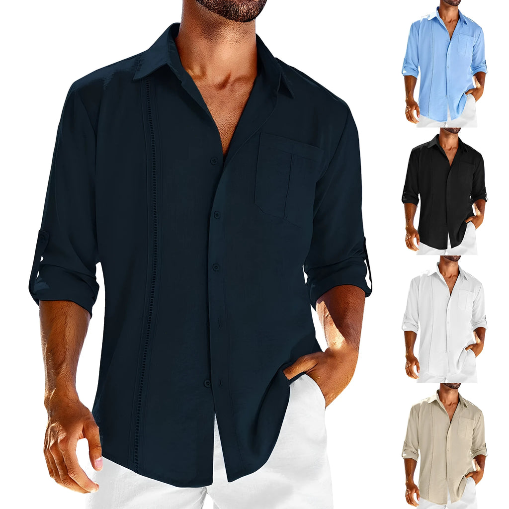 Men's long sleeve casual shirt with polo collar and lace pocket detail in cotton blend fabric