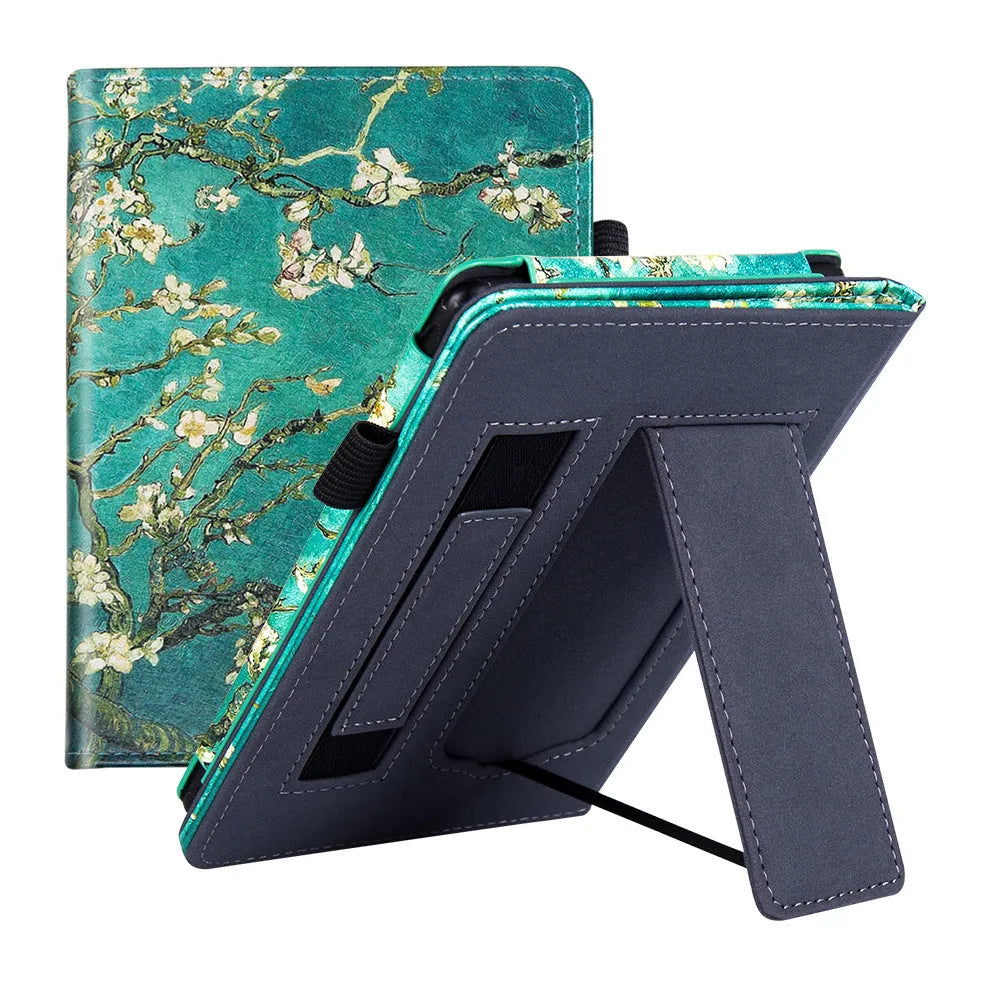 Kindle Paperwhite leather case with wrist splint bracket attached, showing calf leather exterior and microfiber interior