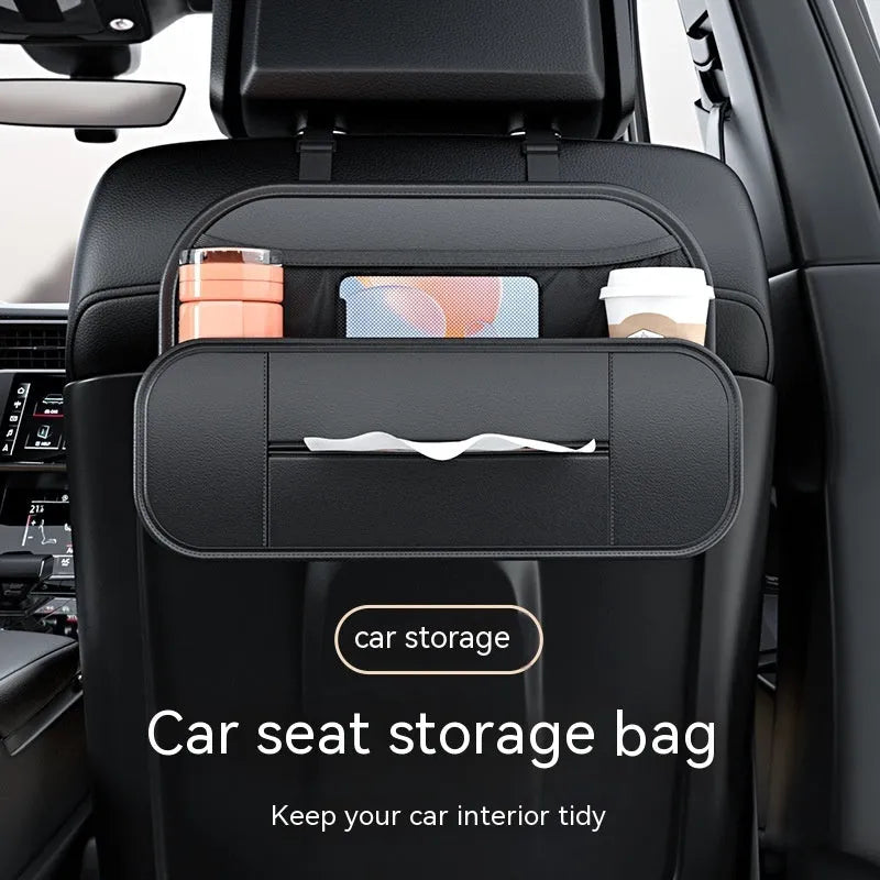 Black leather car seat rear storage bag showing its storage box design and dimensions.