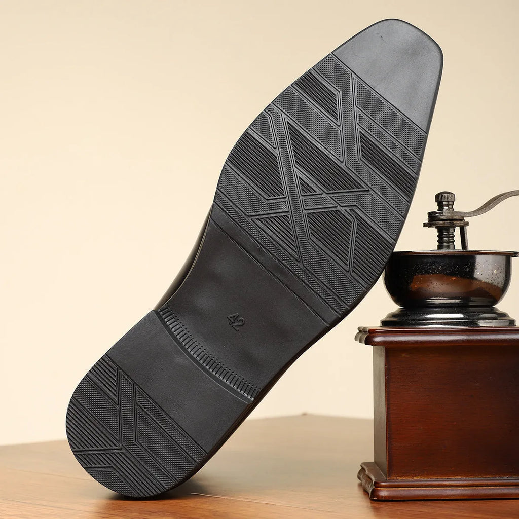 Brown and green men's retro formal shoes with side zipper, square toe, and low heel on a rubber sole.