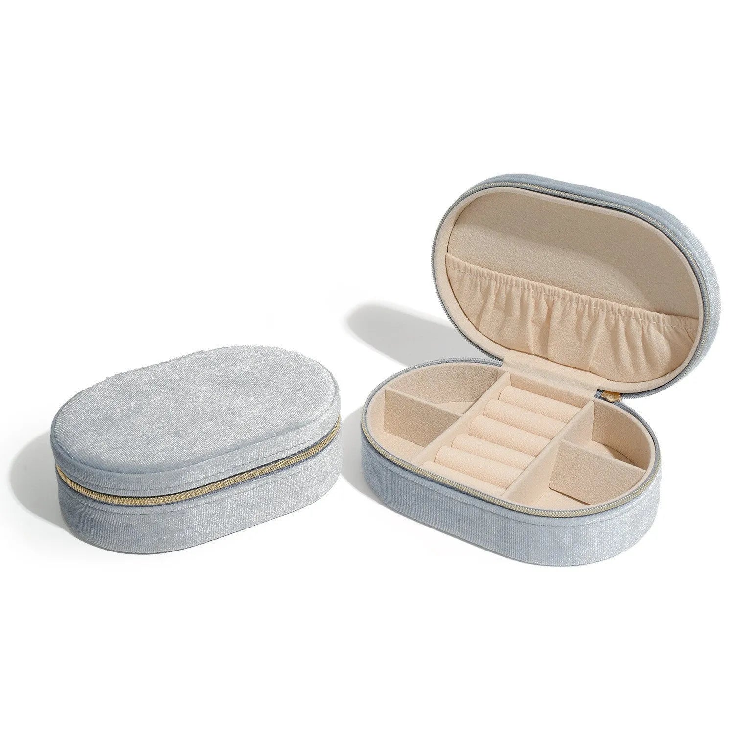 Oval velvet jewellery storage box with flannel interior in multiple colour options