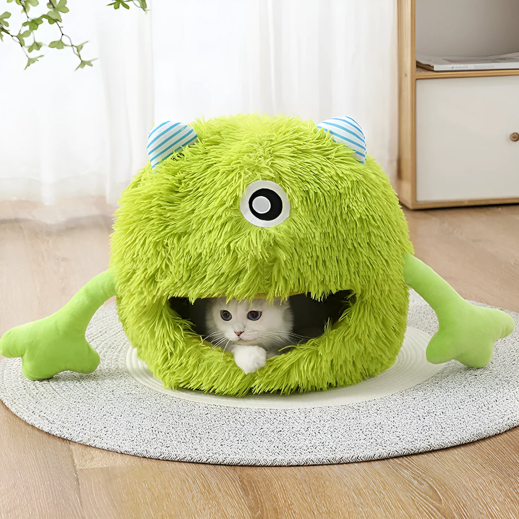 Round fluffy plush cat bed with non-slip base in small, medium, and large sizes