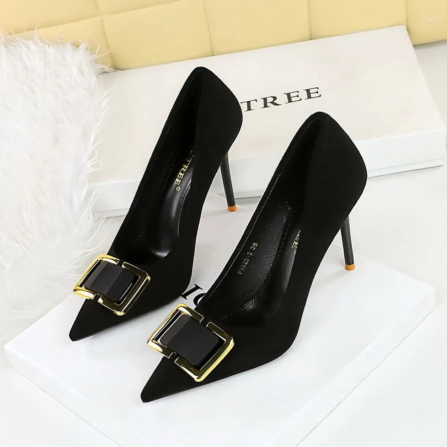 Black suede women's stiletto pump shoes with a 9CM high heel and pointed toe.