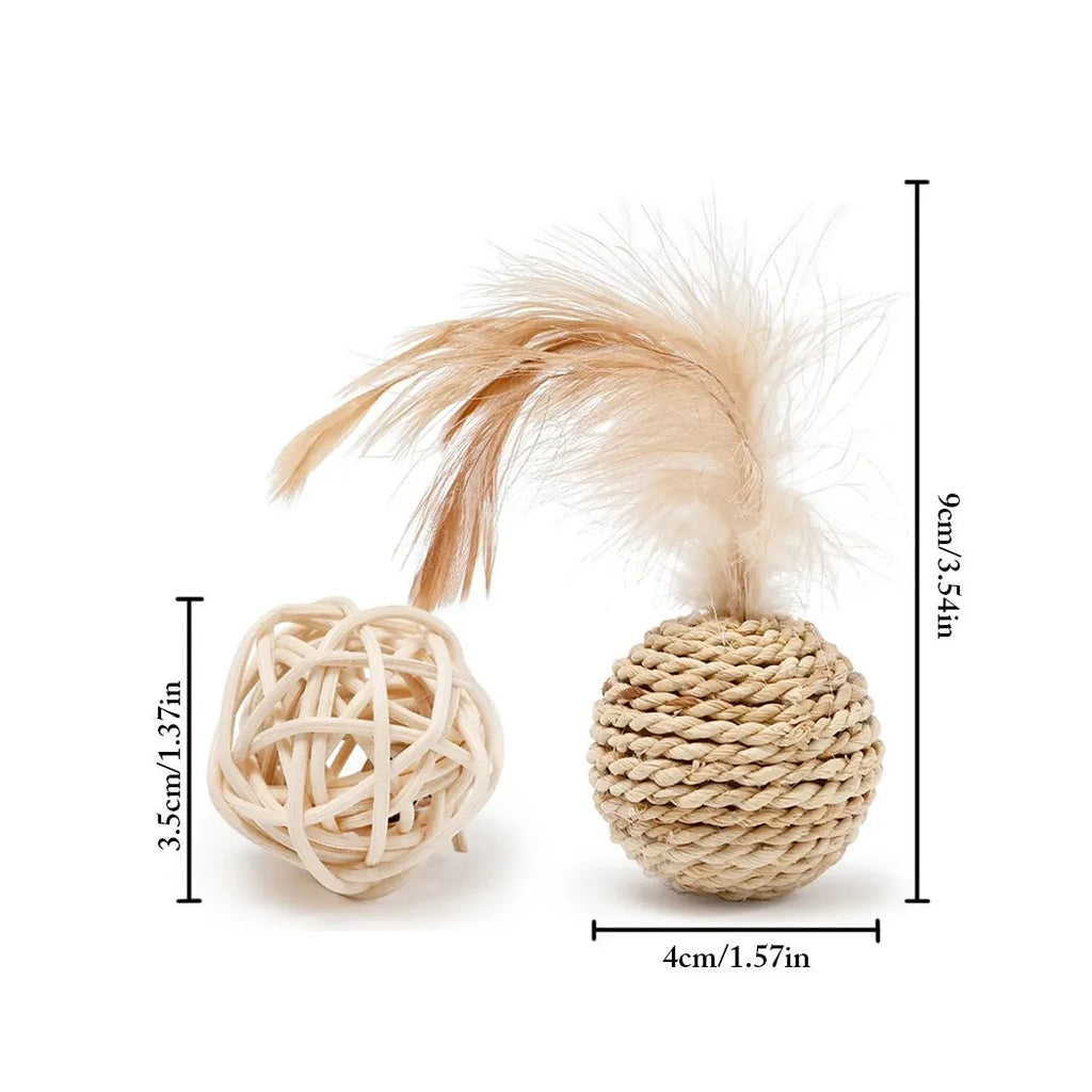 Two cat toys: hollow rattan ball and faux feather ball with bell for interactive play