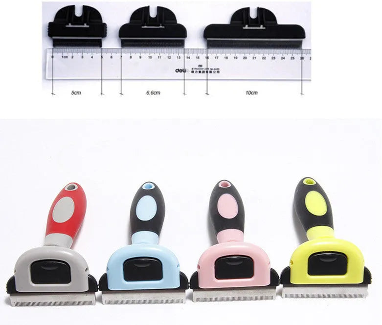 Removable ABS dog hair removal comb in blue or pink, available in small, medium and large.