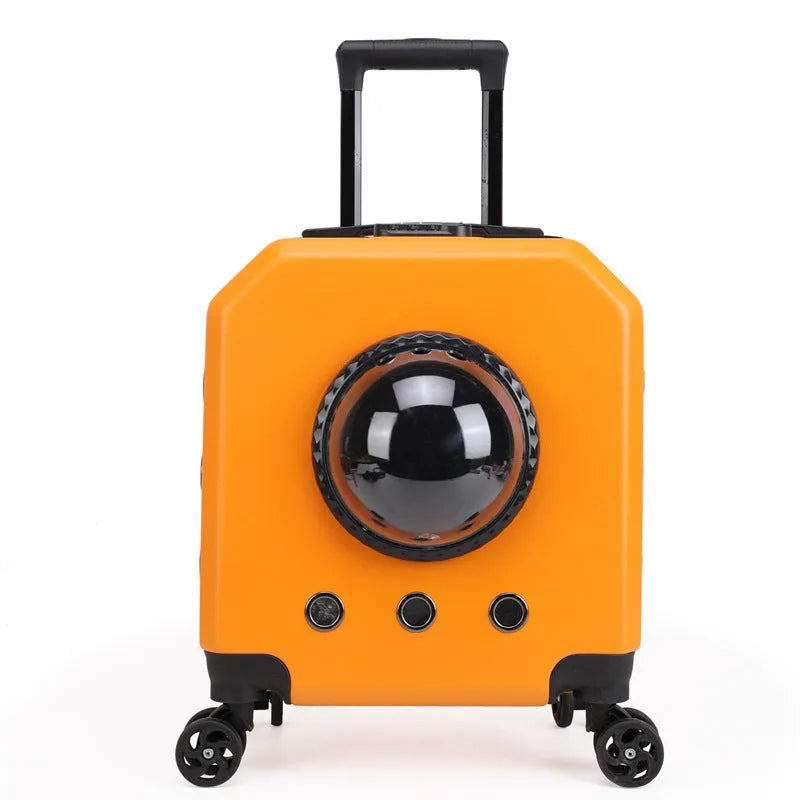 Hard-sided burgundy pet flight case on wheels with extendable handle for cat transport.