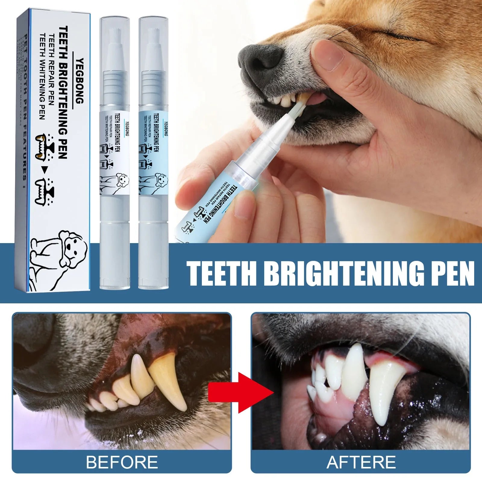 Pet teeth whitening pen set with two applicators and dental brushes for dog and cat tartar removal