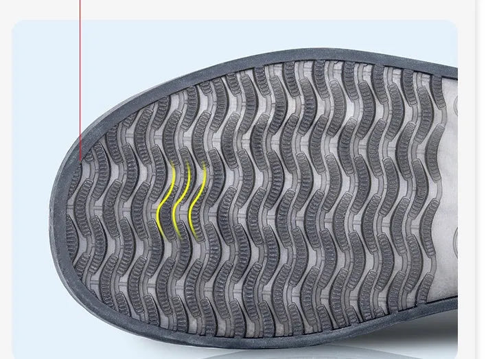 White PVC high top reusable water resistant shoe covers shown on a shoe.