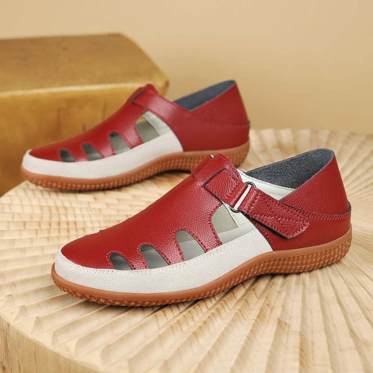 Women's white plus size flat heel sandals with hollow toe cap design and thick rubber sole