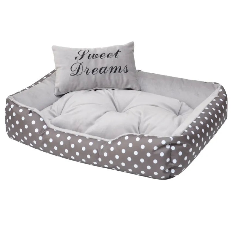 Polka dot printed square dog bed with matching embroidered pillow in grey, blue, pink, or rose red.