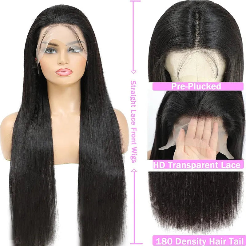 A straight, black human hair wig with a natural lace front hairline, shown at a long length.