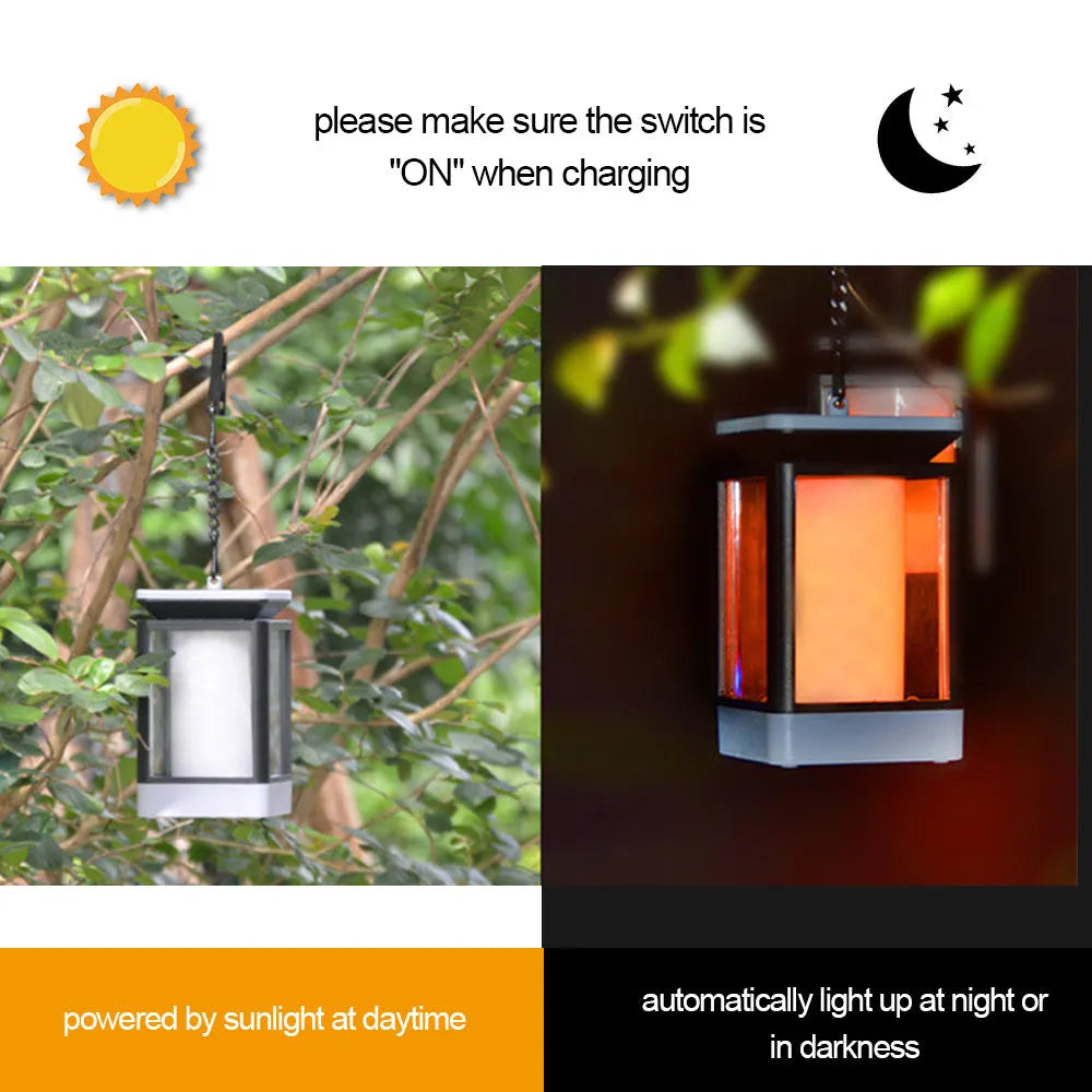 Black antique flame styled outdoor solar LED garden lamp with solar panel on top.