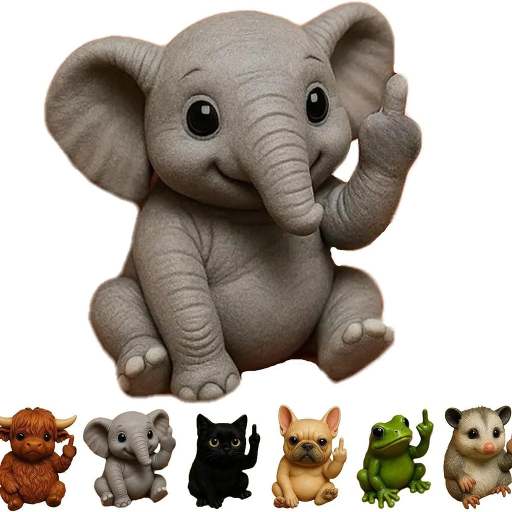 Mini animal vertical middle finger doll resin figurine in cat, dog, elephant, frog, Highland cattle, mouse, or turtle styles