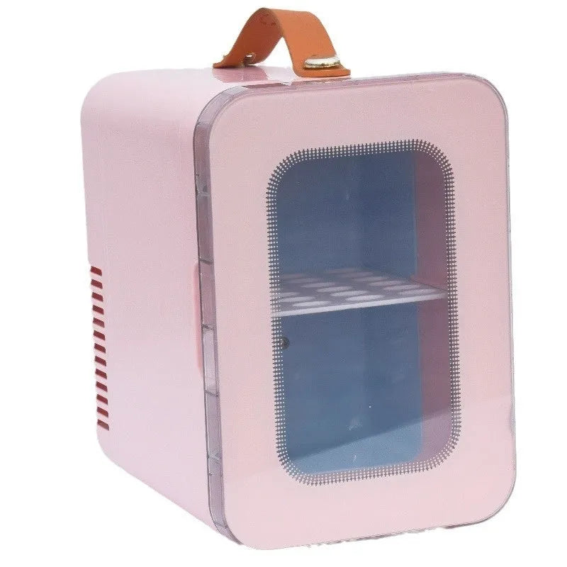 Mini refrigerator with transparent door showing 6L capacity, available in pink, black, or white colours