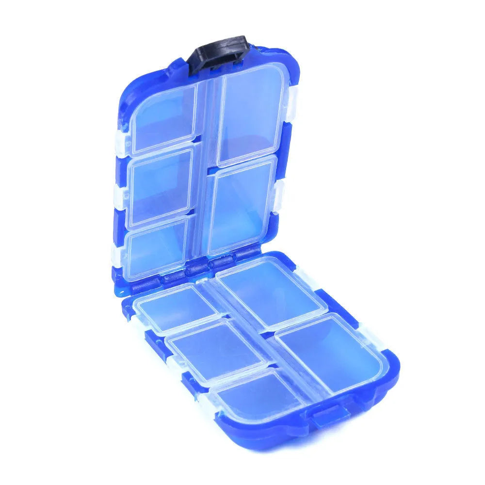 10 compartment fishing gear storage box in black measuring 9.5 x 6.5 x 3 cm