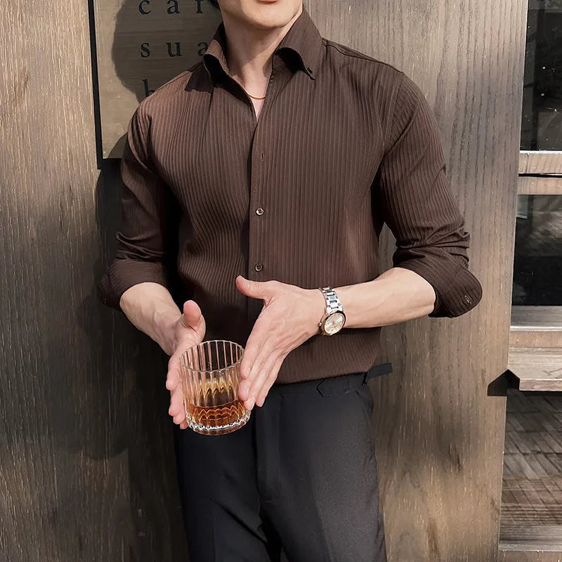 Men's dark stripes V-neck long sleeve casual shirt in chemical fibre blend fabric