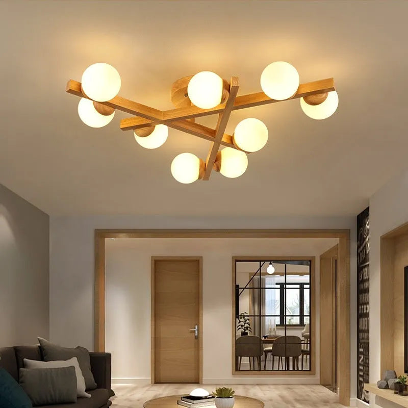 Wooden style living room ceiling light with three adjustable heads in Nordic modern design