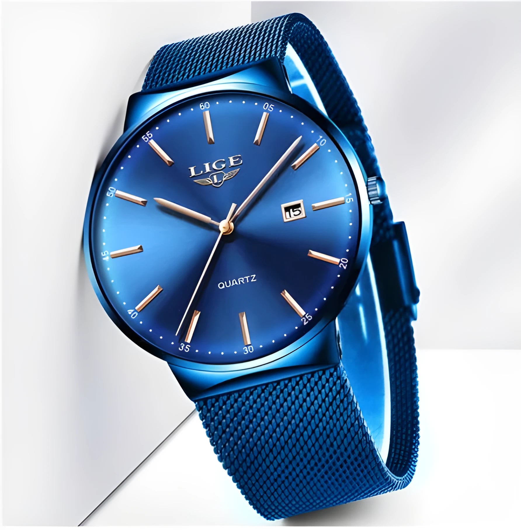 Men's stainless steel wristwatch with 40mm case shown in black, blue, and black/blue colour variations