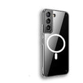 Transparent MagSafe magnetic phone case for Samsung Galaxy S21 S22 S23 series showing wireless charging compatibility