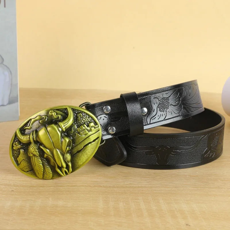 Men's black imitation leather belt with a detailed alloy cow head buckle and pin clasp.