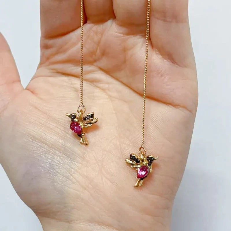 Personalised bird hanging long style earrings with zirconium wing detailing in red, blue, and red lvzuan colour options