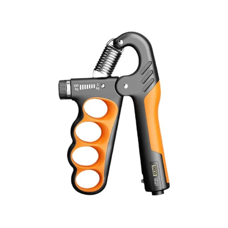 Spring grip hand strengthener with electronic counter display in orange, red, and grey colour options