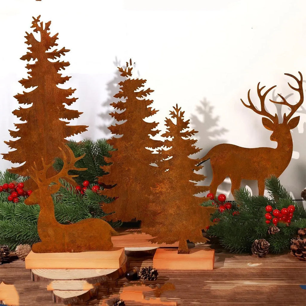 Set of three metal rusty Christmas tree elk decorations with American style iron finish