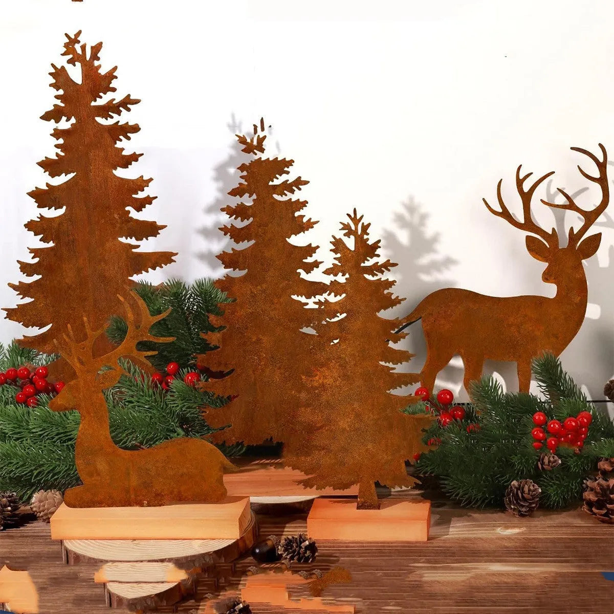 Set of three metal rusty Christmas tree elk decorations with American style iron finish