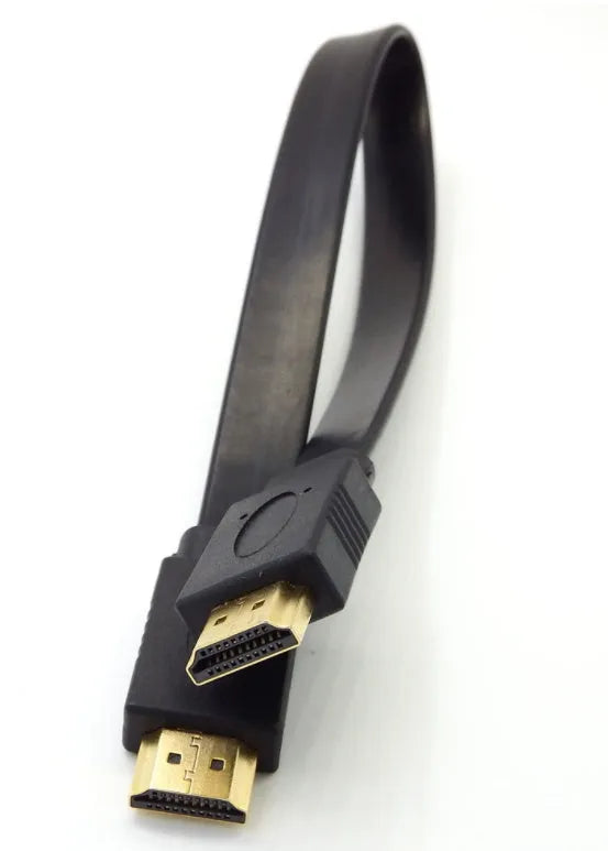 Flat black HDMI cable with male connectors showing length options for HD video connection.