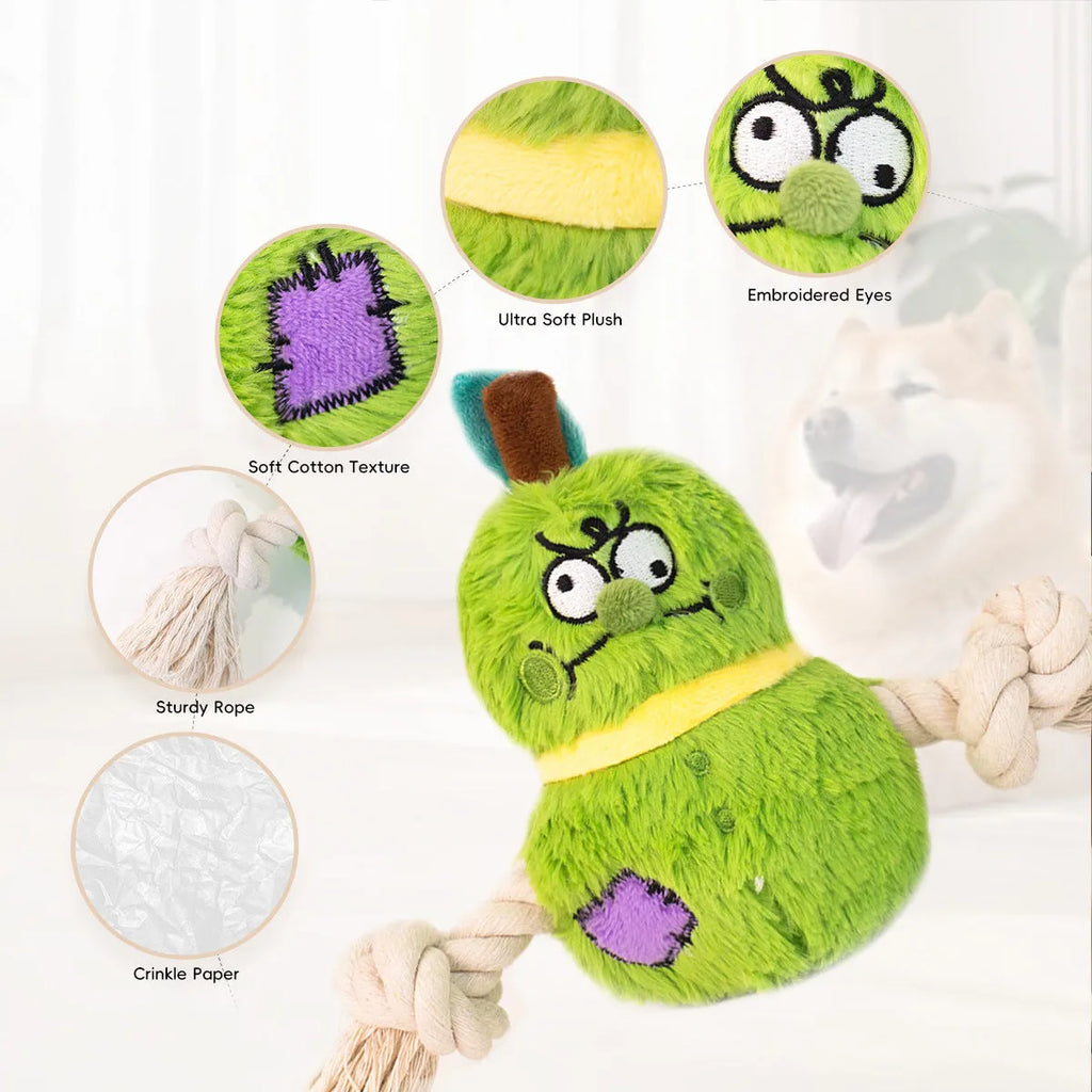 Green and purple plush rope knot dog toy with bite-resistant design for tug-of-war and tooth cleaning