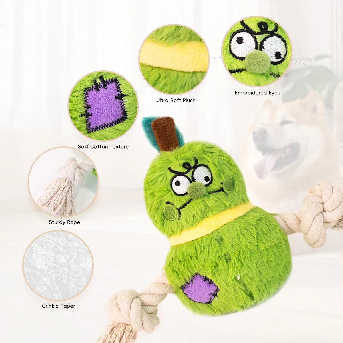 Green and purple plush rope knot dog toy with bite-resistant design for tug-of-war and tooth cleaning