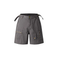 Retro loose-fit workwear shorts in washed cotton fabric with a zipper fly, shown in grey colour.