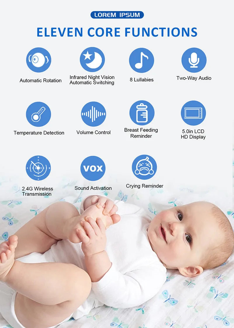White baby monitor with 5-inch HD screen showing baby monitoring display