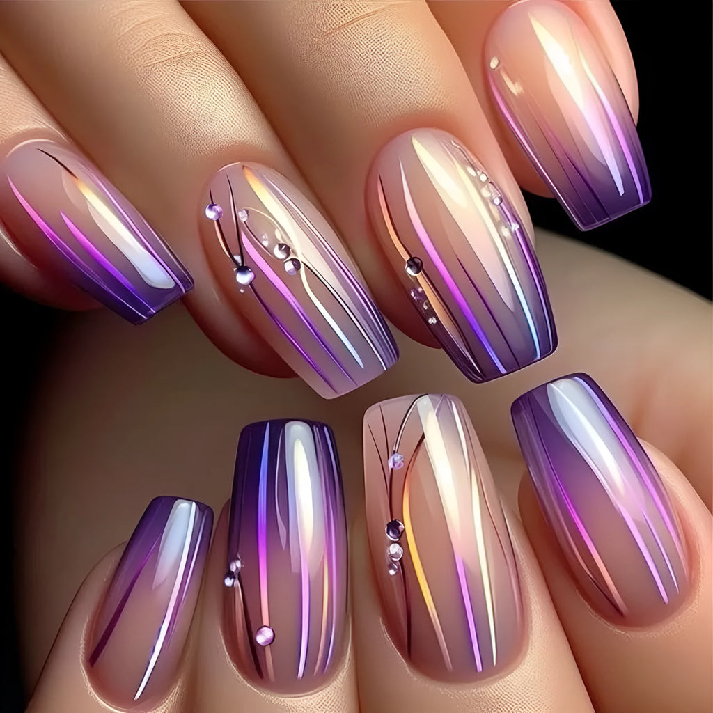 Magic purple line streamer gradient nail stickers with starry sky pattern and jelly glue adhesive